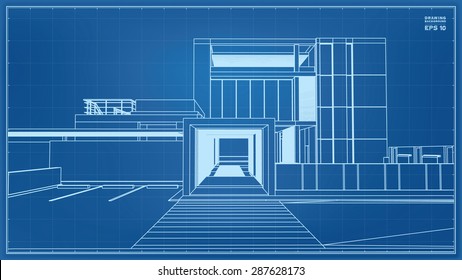 Wireframe blueprint drawing of 3D building. Vector illustration.