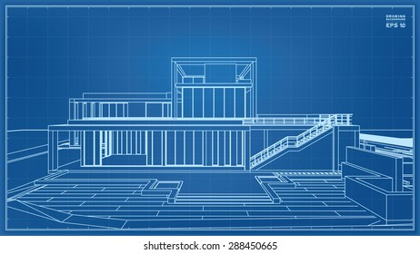 Wireframe blueprint drawing of 3D building. Vector illustration.