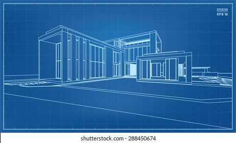 Dibujo plano en forma de marco alambrado de edificio 3D. Ilustración vectorial.