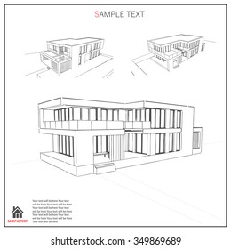 Wireframe blueprint drawing of 3D building. Vector architectural template background.