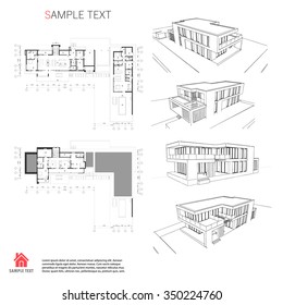 Wireframe blueprint drawing of 3D building. Vector architectural template background.