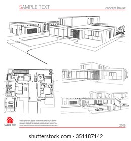 Wireframe blueprint drawing of 3D building. Vector architectural template background.