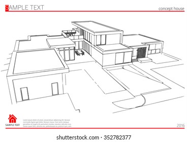 Wireframe blueprint drawing of 3D building. Vector architectural template background.