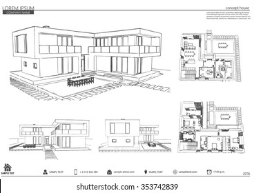 Wireframe blueprint drawing of 3D building. Vector architectural template background.