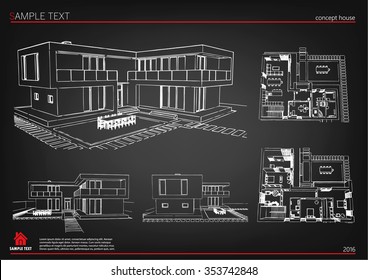 Wireframe blueprint drawing of 3D building. Vector architectural template background.