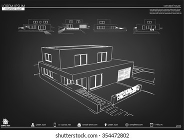 Wireframe blueprint drawing of 3D building. Vector architectural template background. Architectural drawing. Architectural theme.
