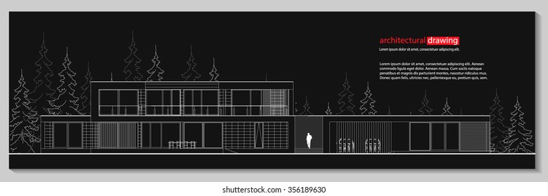 Wireframe blueprint drawing of 3D building. Vector architectural template background. Banner