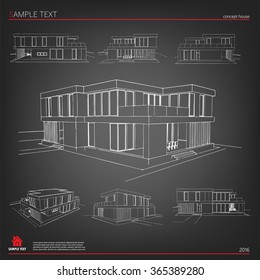 Wireframe blueprint drawing of 3D building. Vector architectural template background.