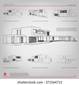 Wireframe blueprint drawing of 3D building. Vector architectural template background.