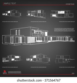 Wireframe blueprint drawing of 3D building. Vector architectural template background.