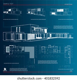 Wireframe blueprint drawing of 3D building. Vector architectural template background.