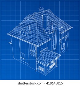Wireframe blueprint drawing of 3D building. Vector architectural template background.