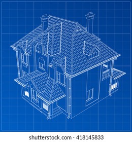 Wireframe blueprint drawing of 3D building. Vector architectural template background.