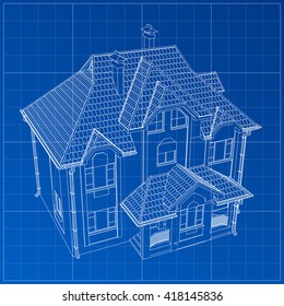 Wireframe blueprint drawing of 3D building. Vector architectural template background.