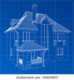 Wireframe blueprint drawing of 3D building. Vector architectural template background.