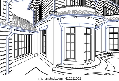 Wireframe blueprint drawing of 3D building. Vector architectural template background. Architectural drawing. Architectural theme.