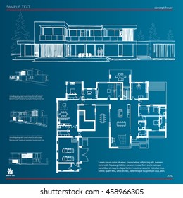 Wireframe blueprint drawing of 3D building, house. Vector architectural template background.