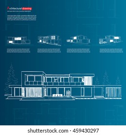 Wireframe blueprint drawing of 3D building, house. Vector architectural template background.