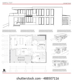 Wireframe blueprint drawing of 3D building, house. Vector architectural template background.