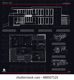 Wireframe blueprint drawing of 3D building, house. Vector architectural template background.