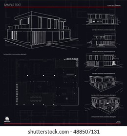 Wireframe blueprint drawing of 3D building, house. Vector architectural template background.
