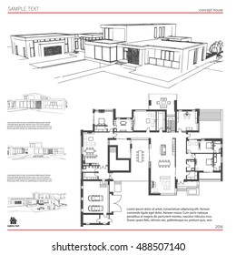 Wireframe blueprint drawing of 3D building, house. Vector architectural template background.