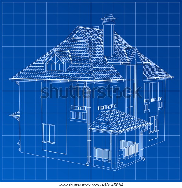 Wireframe Blueprint Drawing 3d Building Vector Stock Vector (Royalty ...