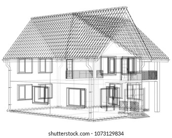 Wireframe blueprint drawing of 3D house - Vector illustration.