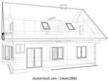 Wireframe blueprint drawing of 3D house - Vector illustration.