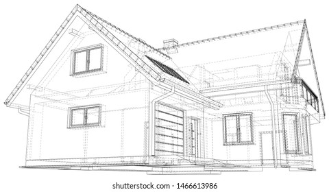 Wireframe blueprint drawing of 3D house - Vector illustration.