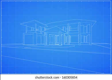 Wireframe blueprint drawing of 3D house - Vector illustration