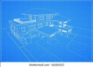 Wireframe blueprint drawing of 3D house - Vector illustration