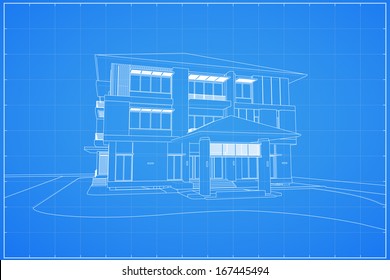 Wireframe blueprint drawing of 3D house - Vector illustration