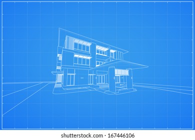 Wireframe blueprint drawing of 3D house - Vector illustration
