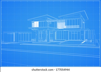 Wireframe Blueprint Drawing Of 3D House - Vector Illustration