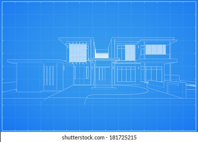 Wireframe Blueprint Drawing Of 3D House - Vector Illustration