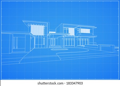 Wireframe blueprint drawing of 3D house - Vector illustration