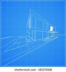 Wireframe blueprint drawing of 3D house- Vector illustration