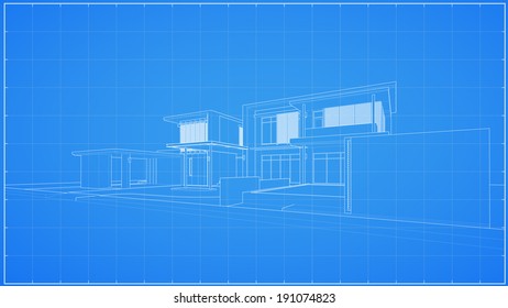 Wireframe blueprint drawing of 3D house - Vector illustration