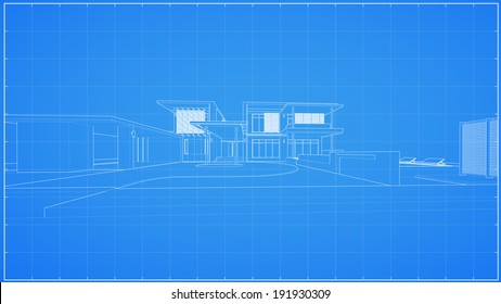 Wireframe blueprint drawing of 3D house - Vector illustration