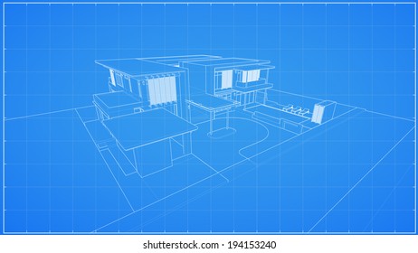Wireframe blueprint drawing of 3D house - Vector illustration