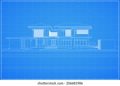Wireframe blueprint drawing of 3D house - Vector illustration