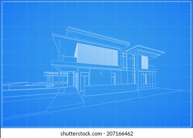 Wireframe blueprint drawing of 3D house - Vector illustration