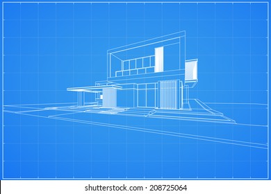 Wireframe blueprint drawing of 3D house - Vector illustration