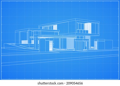 Wireframe blueprint drawing of 3D house - Vector illustration