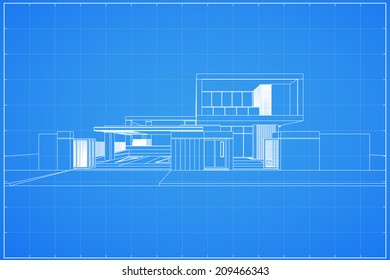 Wireframe blueprint drawing of 3D house - Vector illustration