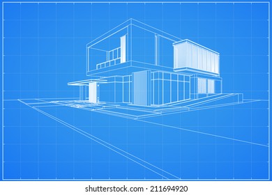 Wireframe blueprint drawing of 3D house - Vector illustration