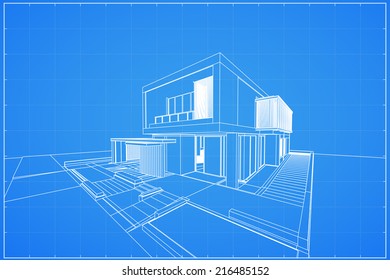 Wireframe blueprint drawing of 3D house - Vector illustration