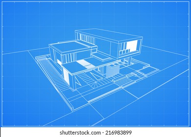 Wireframe blueprint drawing of 3D house - Vector illustration