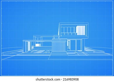 Wireframe blueprint drawing of 3D house - Vector illustration